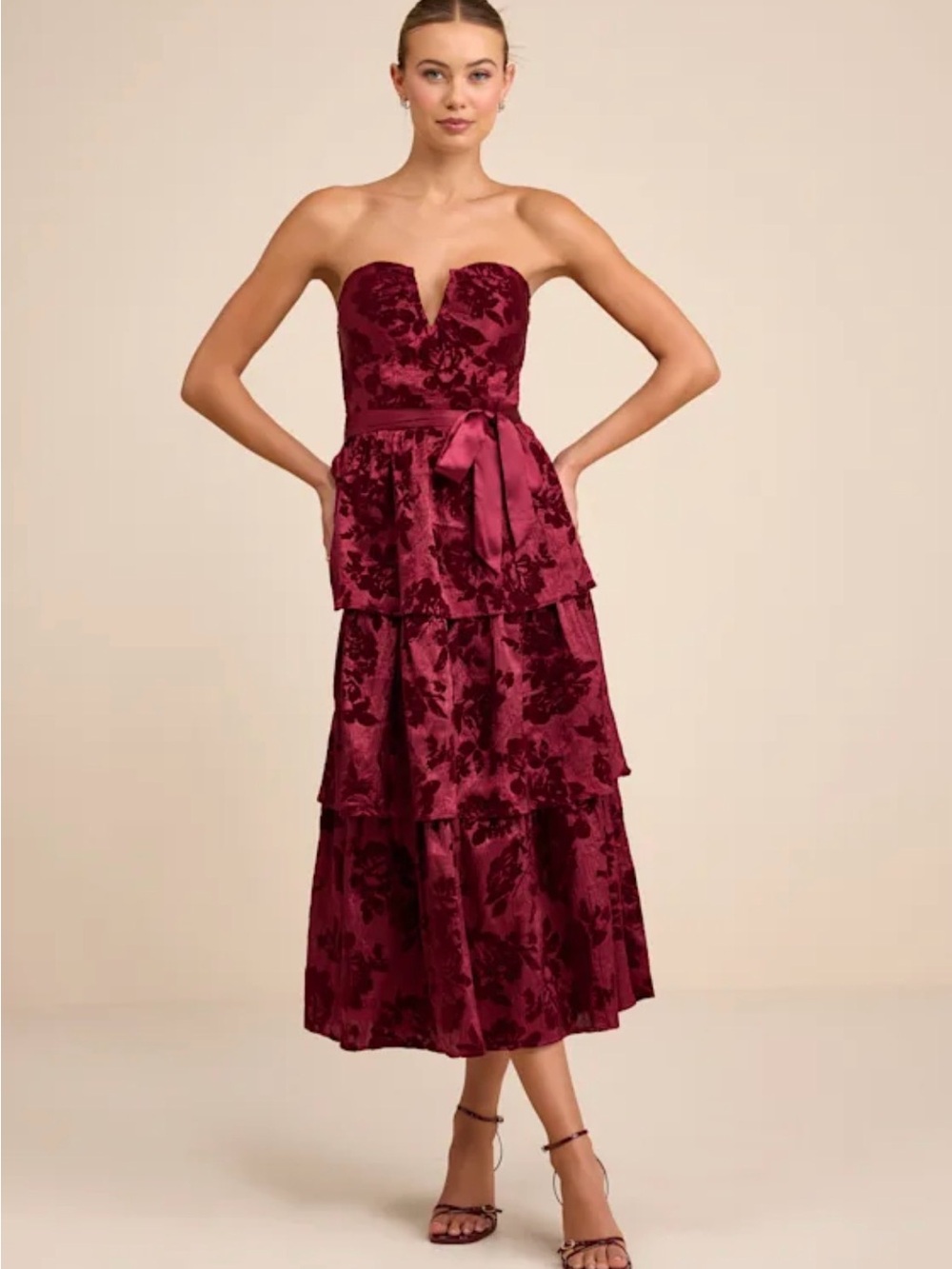 Dorina Burgundy Shadow Print Strapless Tiered Midi Dress